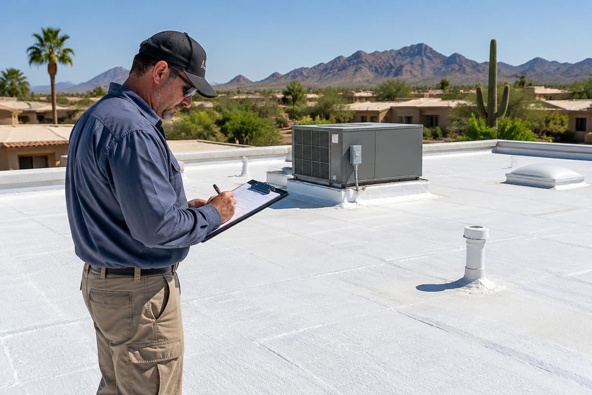 Sundial Roofing inspector reviewing a foam roof in Gilbert